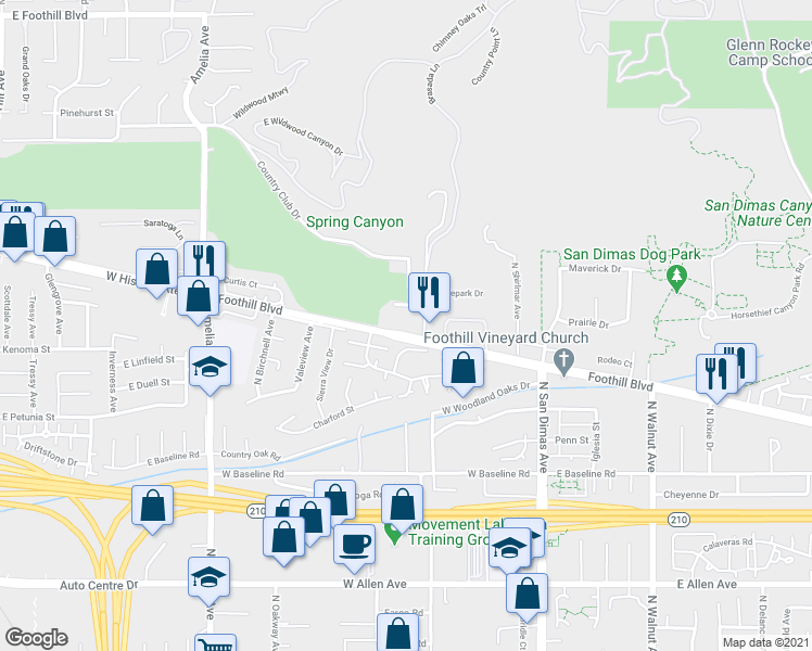 map of restaurants, bars, coffee shops, grocery stores, and more near 2676 Country Club Drive in Glendora