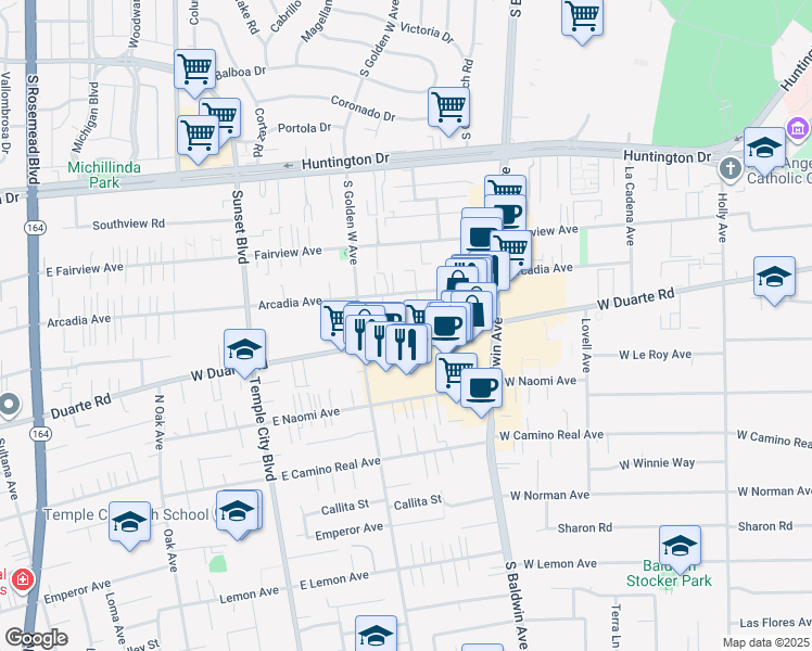map of restaurants, bars, coffee shops, grocery stores, and more near 825 West Duarte Road in Arcadia
