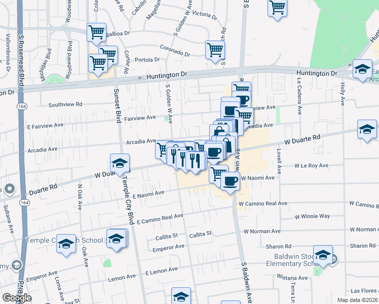 map of restaurants, bars, coffee shops, grocery stores, and more near 840 Arcadia Avenue in Arcadia