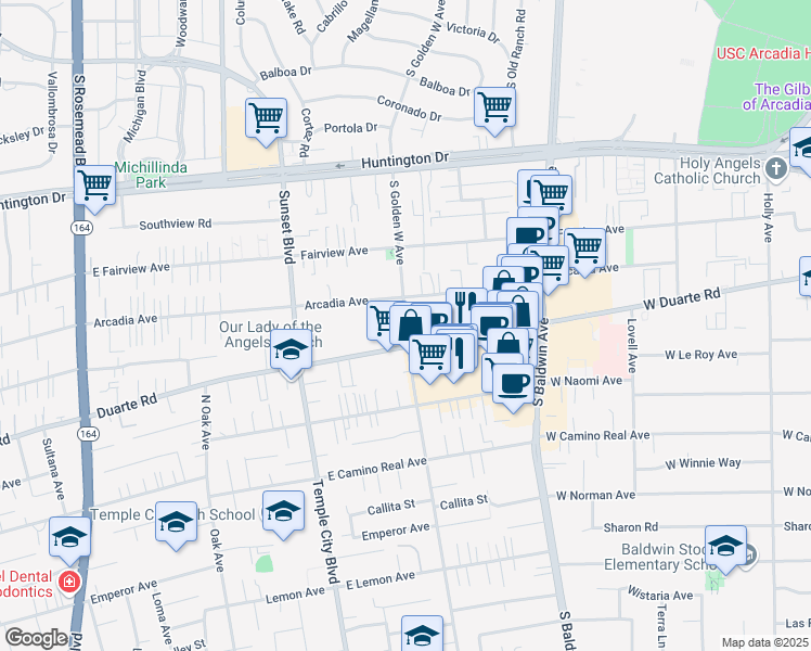 map of restaurants, bars, coffee shops, grocery stores, and more near 1105 Golden West Avenue in Arcadia
