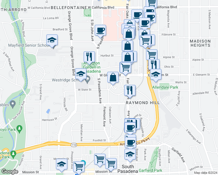map of restaurants, bars, coffee shops, grocery stores, and more near 1115 Avoca Avenue in Pasadena