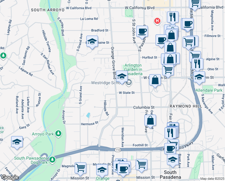 map of restaurants, bars, coffee shops, grocery stores, and more near 1141 South Orange Grove Boulevard in Pasadena