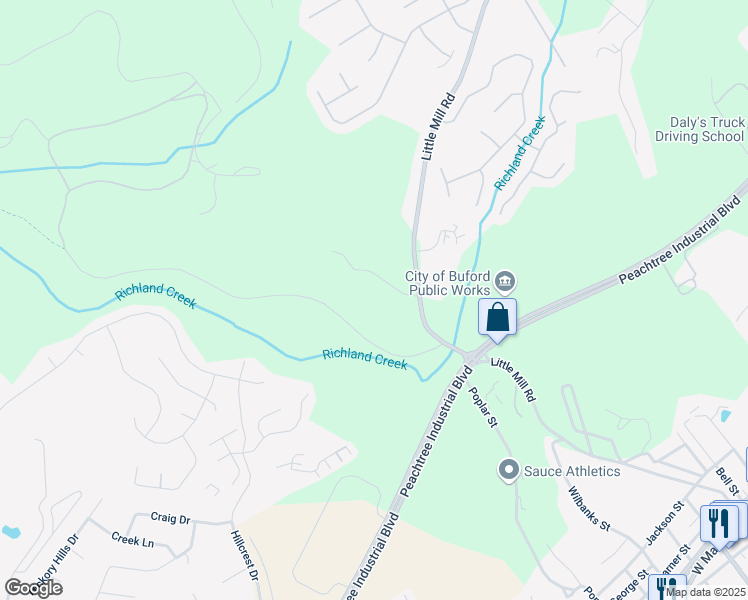 map of restaurants, bars, coffee shops, grocery stores, and more near 5339 South Richland Creek Road in Buford