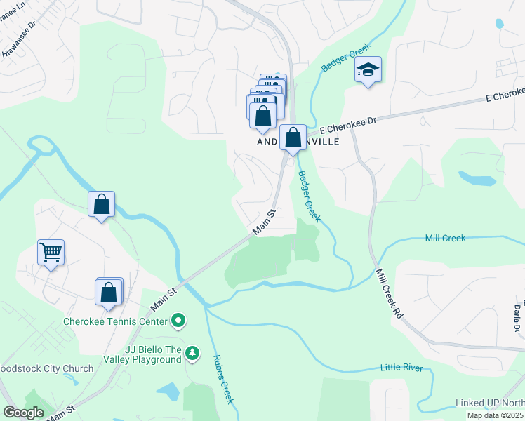map of restaurants, bars, coffee shops, grocery stores, and more near 302 Braswell Court in Woodstock