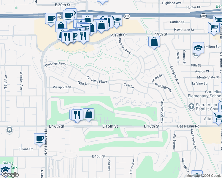 map of restaurants, bars, coffee shops, grocery stores, and more near 1303 Swan Loop South in Upland