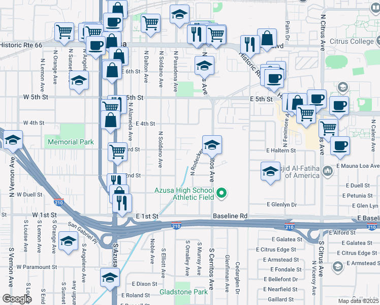 map of restaurants, bars, coffee shops, grocery stores, and more near 553 East 3rd Street in Azusa