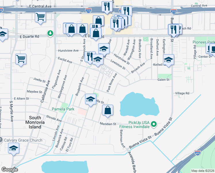 map of restaurants, bars, coffee shops, grocery stores, and more near 2037 Park Rose Avenue in Duarte