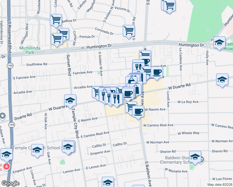 map of restaurants, bars, coffee shops, grocery stores, and more near 825 West Duarte Road in Arcadia