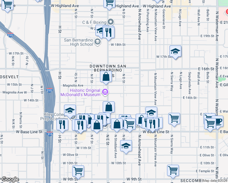 map of restaurants, bars, coffee shops, grocery stores, and more near 464 West 14th Street in San Bernardino