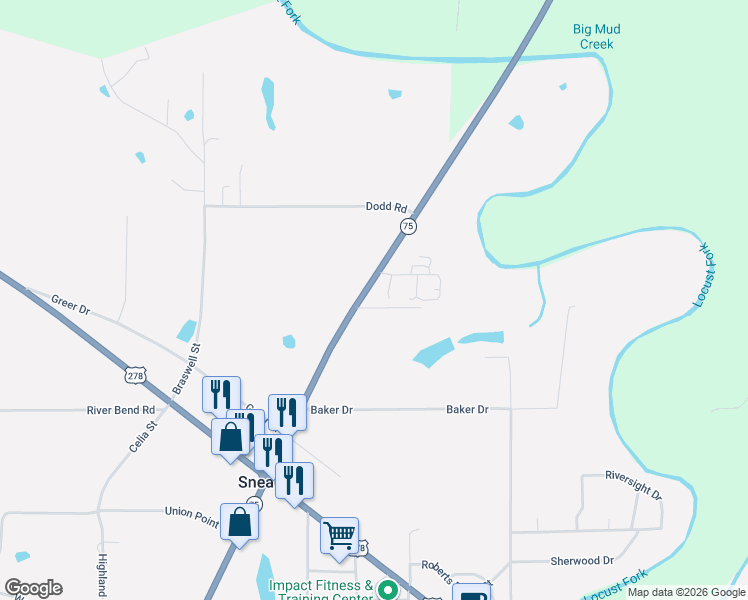 map of restaurants, bars, coffee shops, grocery stores, and more near 43530 Alabama 75 in Altoona