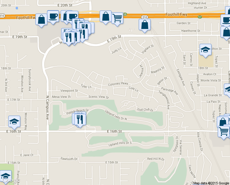 map of restaurants, bars, coffee shops, grocery stores, and more near 1303 Swan Loop South in Upland