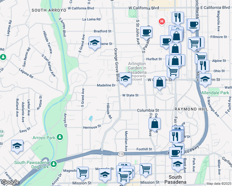 map of restaurants, bars, coffee shops, grocery stores, and more near 1155 South Orange Grove Boulevard in Pasadena