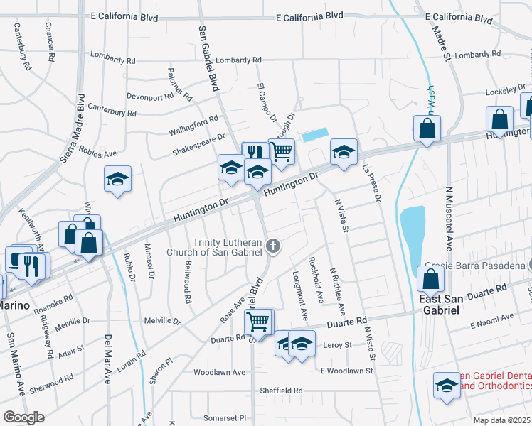 map of restaurants, bars, coffee shops, grocery stores, and more near 6956 San Gabriel Boulevard in San Gabriel