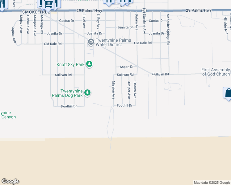 map of restaurants, bars, coffee shops, grocery stores, and more near 7025 Mission Avenue in Twentynine Palms