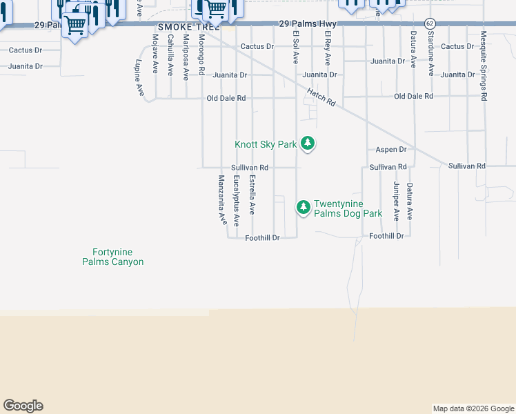 map of restaurants, bars, coffee shops, grocery stores, and more near 7015 Estrella Avenue in Twentynine Palms