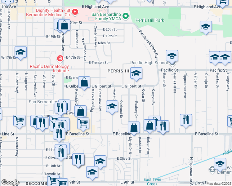 map of restaurants, bars, coffee shops, grocery stores, and more near 1463 Valencia Avenue in San Bernardino