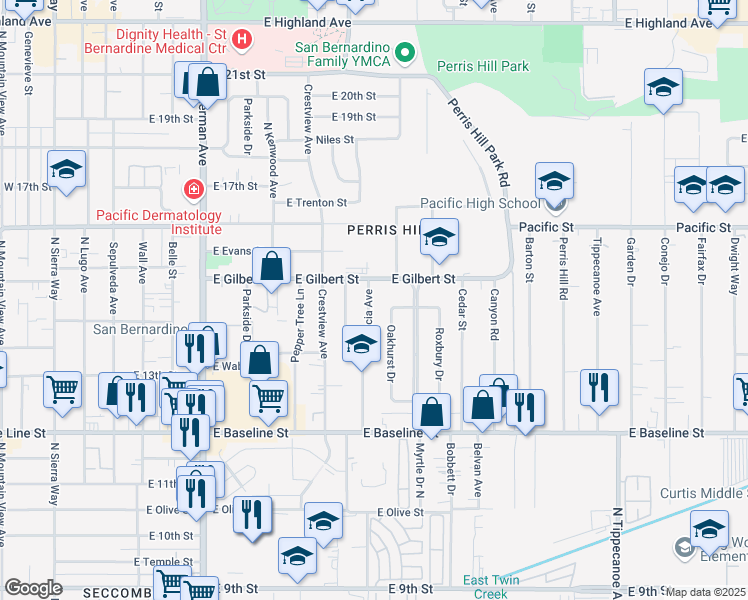 map of restaurants, bars, coffee shops, grocery stores, and more near 1463 Valencia Avenue in San Bernardino
