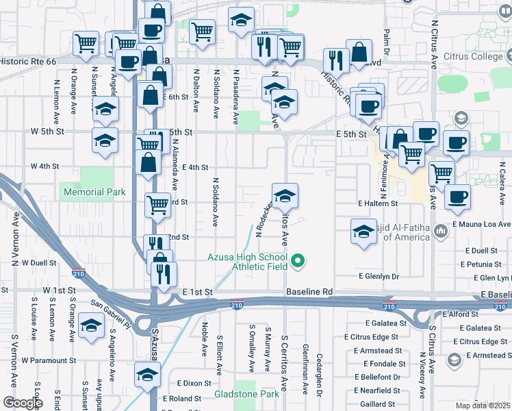 map of restaurants, bars, coffee shops, grocery stores, and more near 274 North Dominguez Place in Azusa
