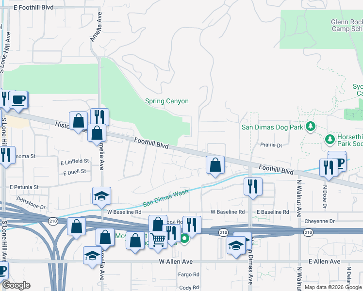 map of restaurants, bars, coffee shops, grocery stores, and more near 2643 East Foothill Boulevard in Glendora