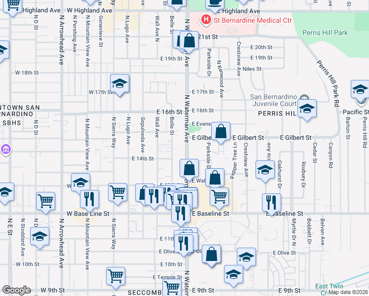 map of restaurants, bars, coffee shops, grocery stores, and more near 1450 North Waterman Avenue in San Bernardino