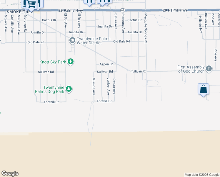 map of restaurants, bars, coffee shops, grocery stores, and more near 6978 Juniper Avenue in Twentynine Palms