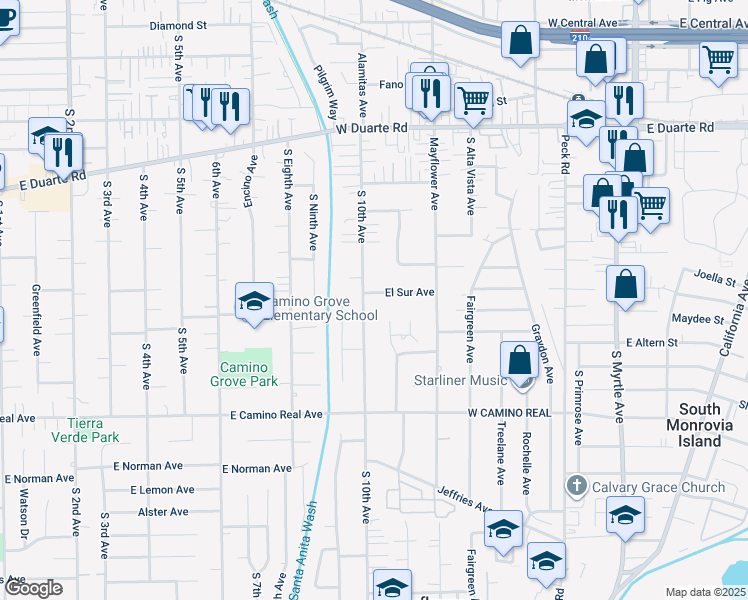 map of restaurants, bars, coffee shops, grocery stores, and more near 1010 El Sur Avenue in Arcadia