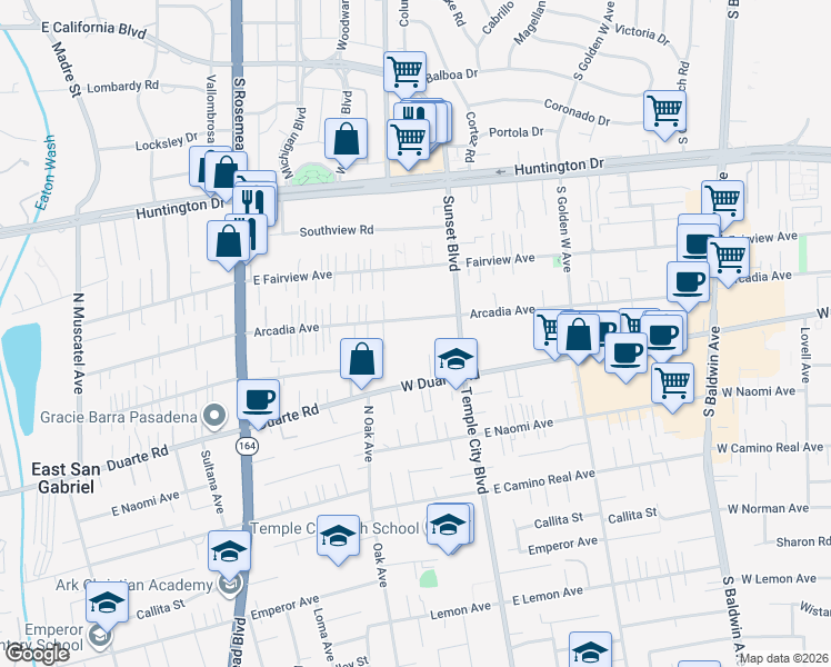 map of restaurants, bars, coffee shops, grocery stores, and more near in Arcadia