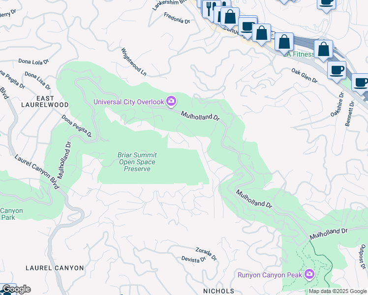 map of restaurants, bars, coffee shops, grocery stores, and more near 7712 Chandelle Place in Los Angeles