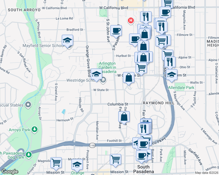 map of restaurants, bars, coffee shops, grocery stores, and more near 237 West State Street in Pasadena