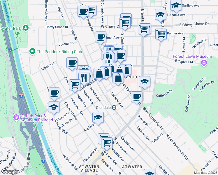 map of restaurants, bars, coffee shops, grocery stores, and more near 1505 Gardena Avenue in Glendale