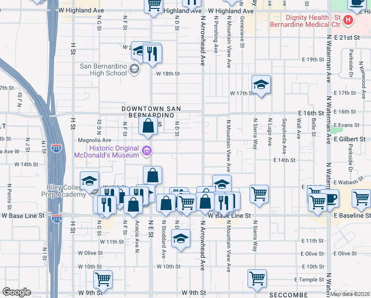 map of restaurants, bars, coffee shops, grocery stores, and more near 365 Magnolia Avenue in San Bernardino