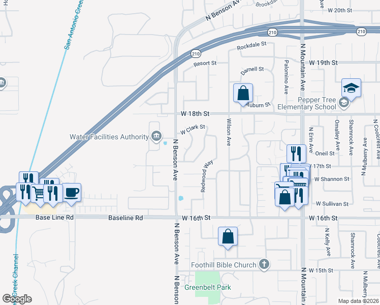 map of restaurants, bars, coffee shops, grocery stores, and more near 1740 Orangewood Avenue in Upland