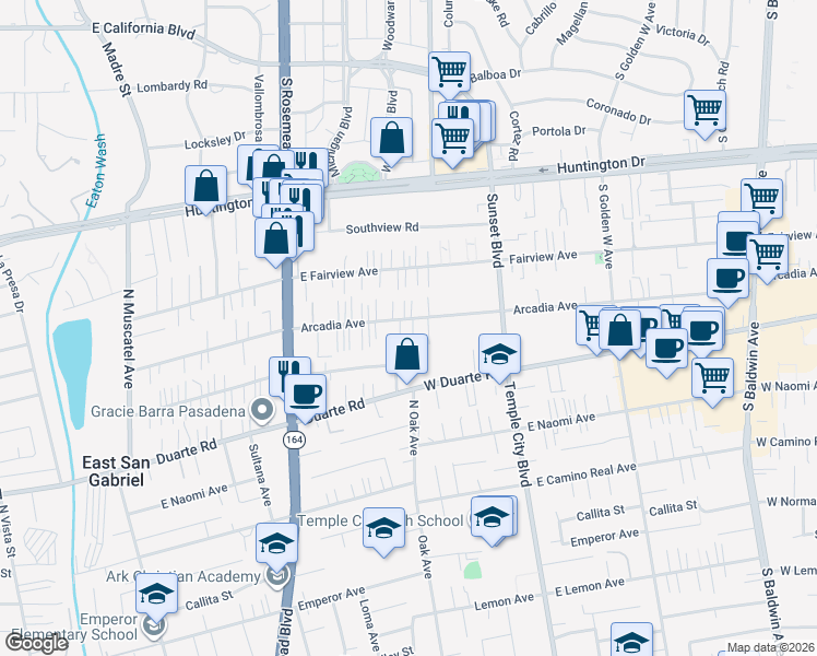 map of restaurants, bars, coffee shops, grocery stores, and more near 9171 East Arcadia Avenue in San Gabriel