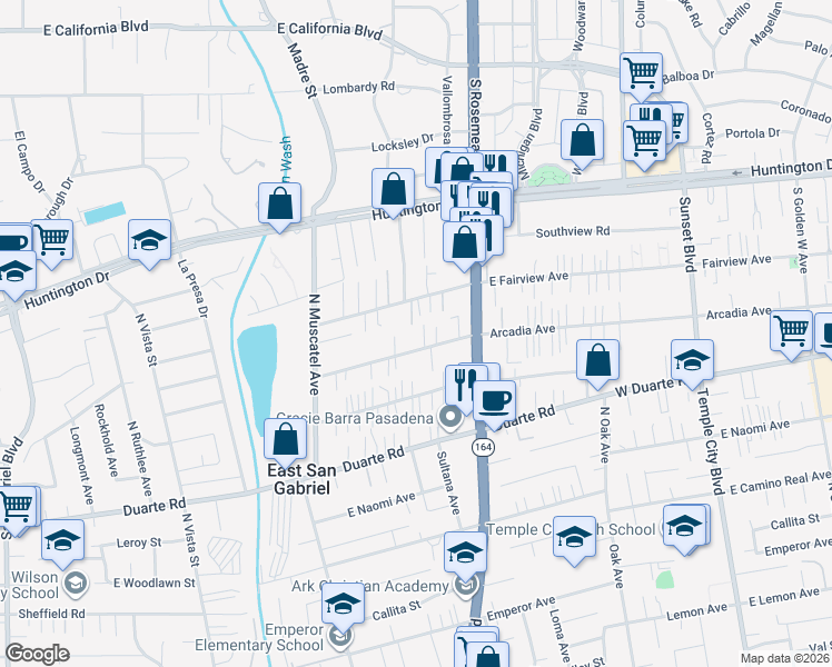 map of restaurants, bars, coffee shops, grocery stores, and more near 7030 North Lotus Avenue in San Gabriel