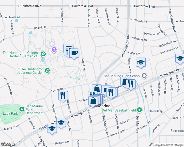 map of restaurants, bars, coffee shops, grocery stores, and more near 1166 Oxford Road in San Marino
