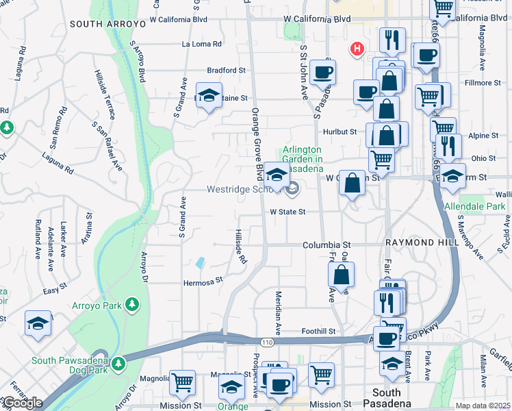 map of restaurants, bars, coffee shops, grocery stores, and more near 1155 South Orange Grove Boulevard in Pasadena