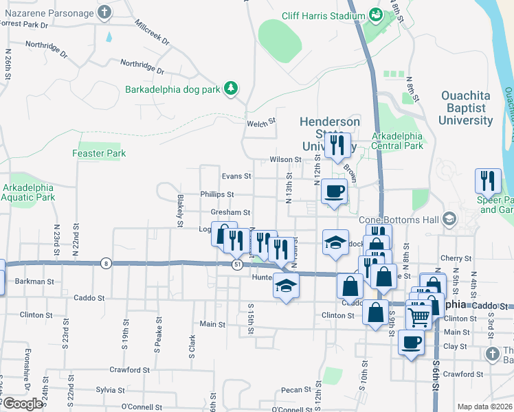 map of restaurants, bars, coffee shops, grocery stores, and more near 1406 Phillips Street in Arkadelphia