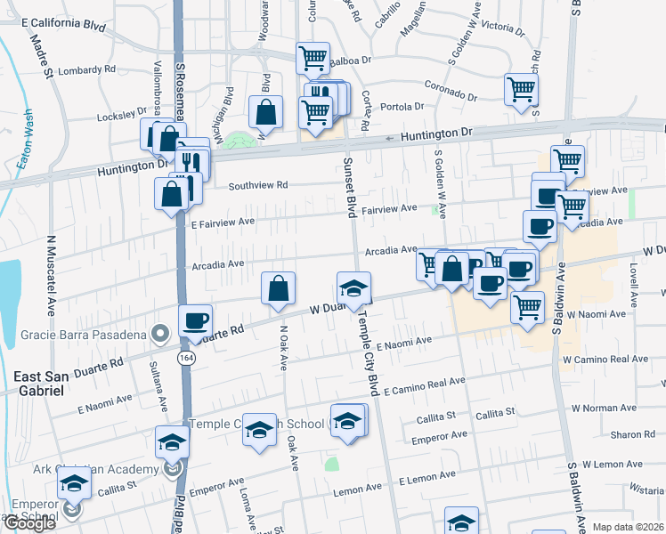 map of restaurants, bars, coffee shops, grocery stores, and more near 1122 Arcadia Avenue in Arcadia