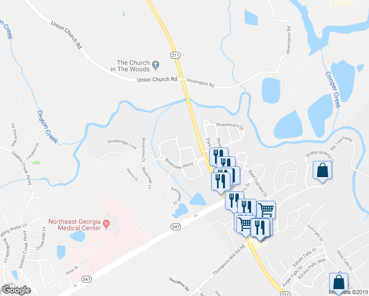 map of restaurants, bars, coffee shops, grocery stores, and more near Ansley Terrace in Braselton