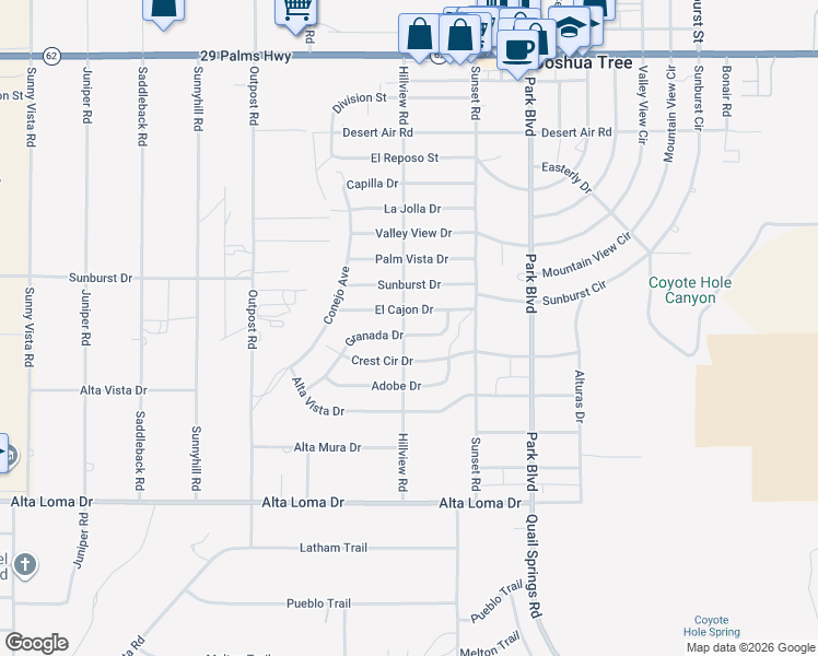 map of restaurants, bars, coffee shops, grocery stores, and more near 6988 Hillview Road in Joshua Tree