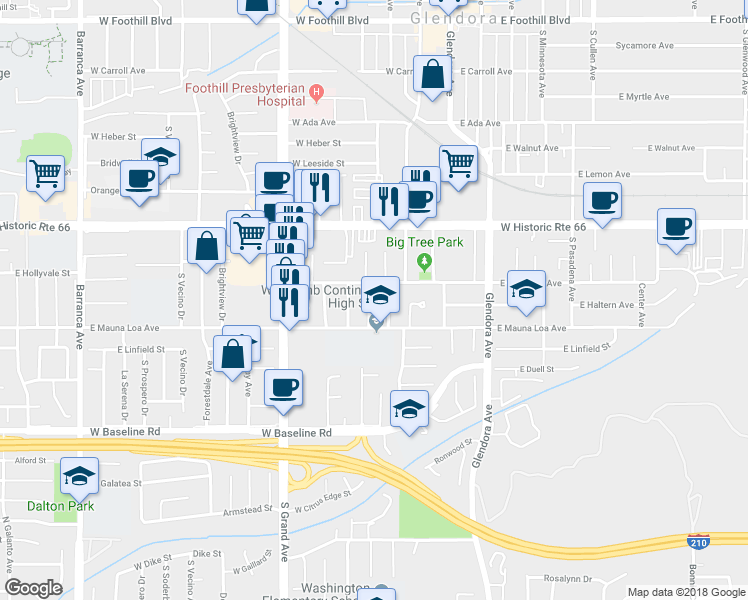 map of restaurants, bars, coffee shops, grocery stores, and more near 720 South Washington Avenue in Glendora
