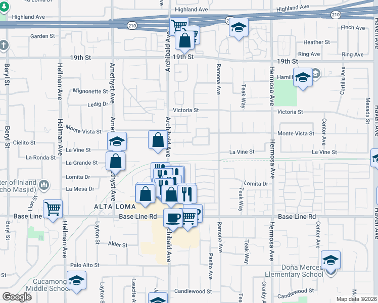 map of restaurants, bars, coffee shops, grocery stores, and more near 9780 La Vine Court in Rancho Cucamonga