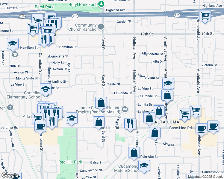 map of restaurants, bars, coffee shops, grocery stores, and more near 7055 Avenida Leon in Rancho Cucamonga
