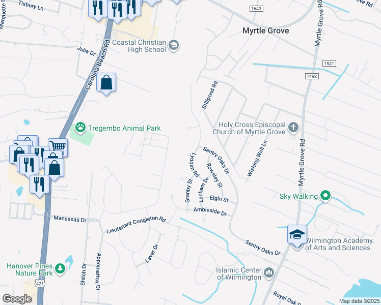 map of restaurants, bars, coffee shops, grocery stores, and more near 6202 Lydden Road in Wilmington