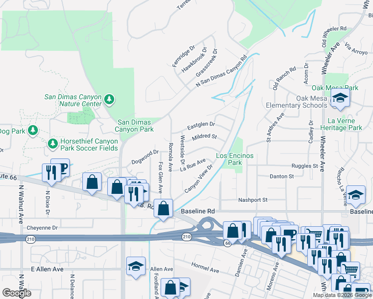 map of restaurants, bars, coffee shops, grocery stores, and more near 4766 Westside Drive in La Verne