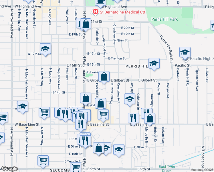 map of restaurants, bars, coffee shops, grocery stores, and more near 461 East Gilbert Street in San Bernardino