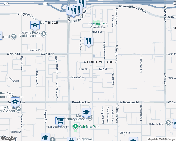 map of restaurants, bars, coffee shops, grocery stores, and more near 17092 Fern Street in Fontana