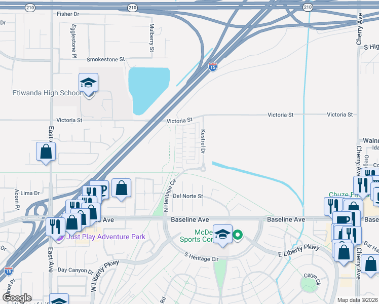 map of restaurants, bars, coffee shops, grocery stores, and more near 13801 Victoria Street in Fontana