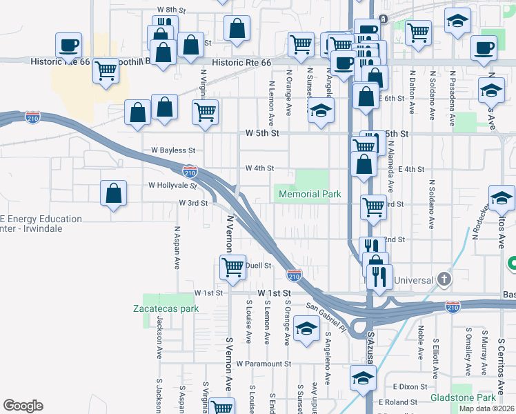 map of restaurants, bars, coffee shops, grocery stores, and more near 707 West 3rd Street in Azusa