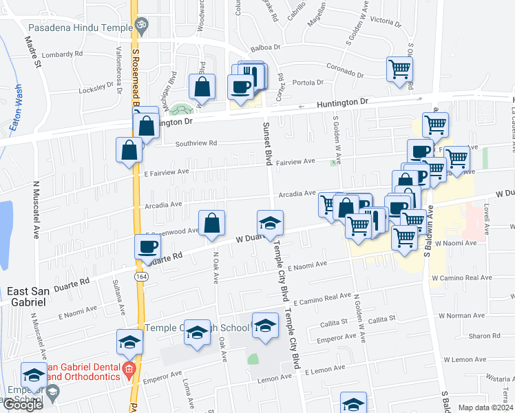 map of restaurants, bars, coffee shops, grocery stores, and more near 1100 Arcadia Avenue in Arcadia